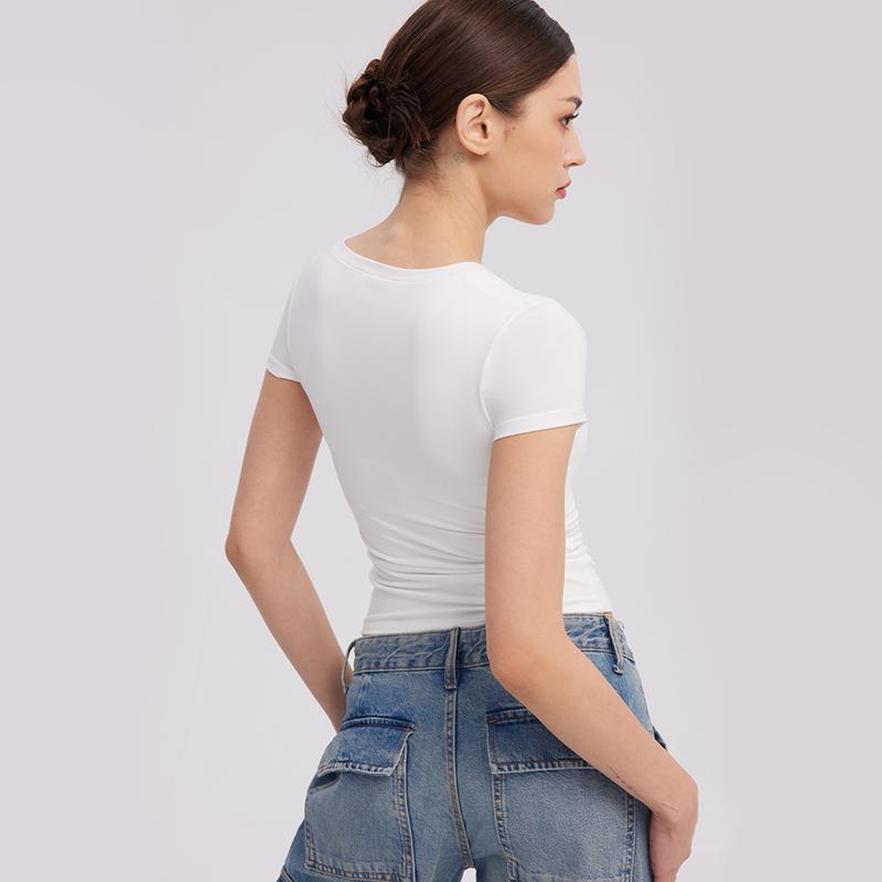 PUMIEY Scoop Neck Women's T Shirts Short Sleeve Basic Going Out Tops Fashion Slim Fit Tee Breathable Comfort Cute Shirts Neck Top Cotton Fabric Style Trench Womenswear